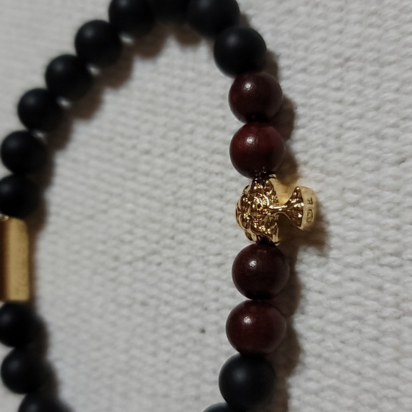 TruWood Onyx and Rosewood Beaded Men's Bracelet w/ gold tree charm - Picture 2 of 3